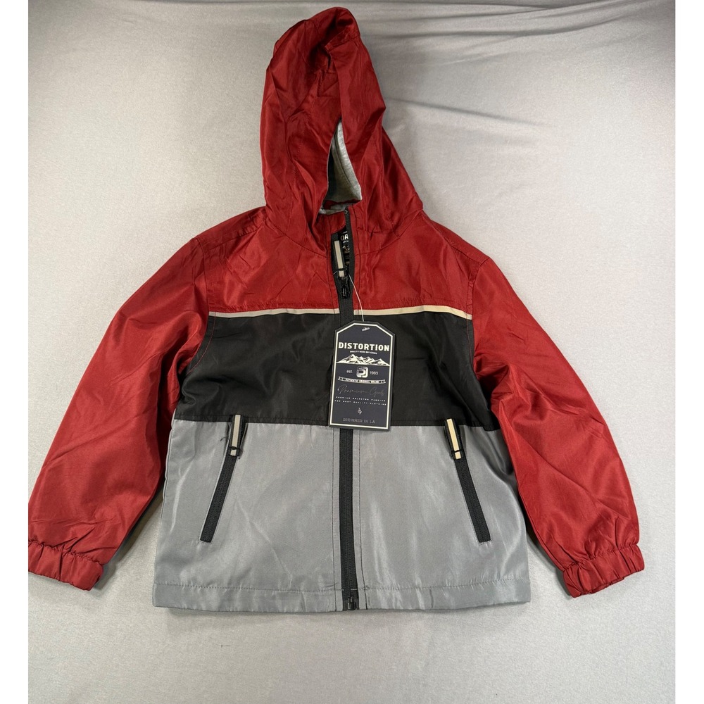 NWT Distortion Boys Red Black Grey Colorblock Hooded Windbreaker Jacket 3T NWT